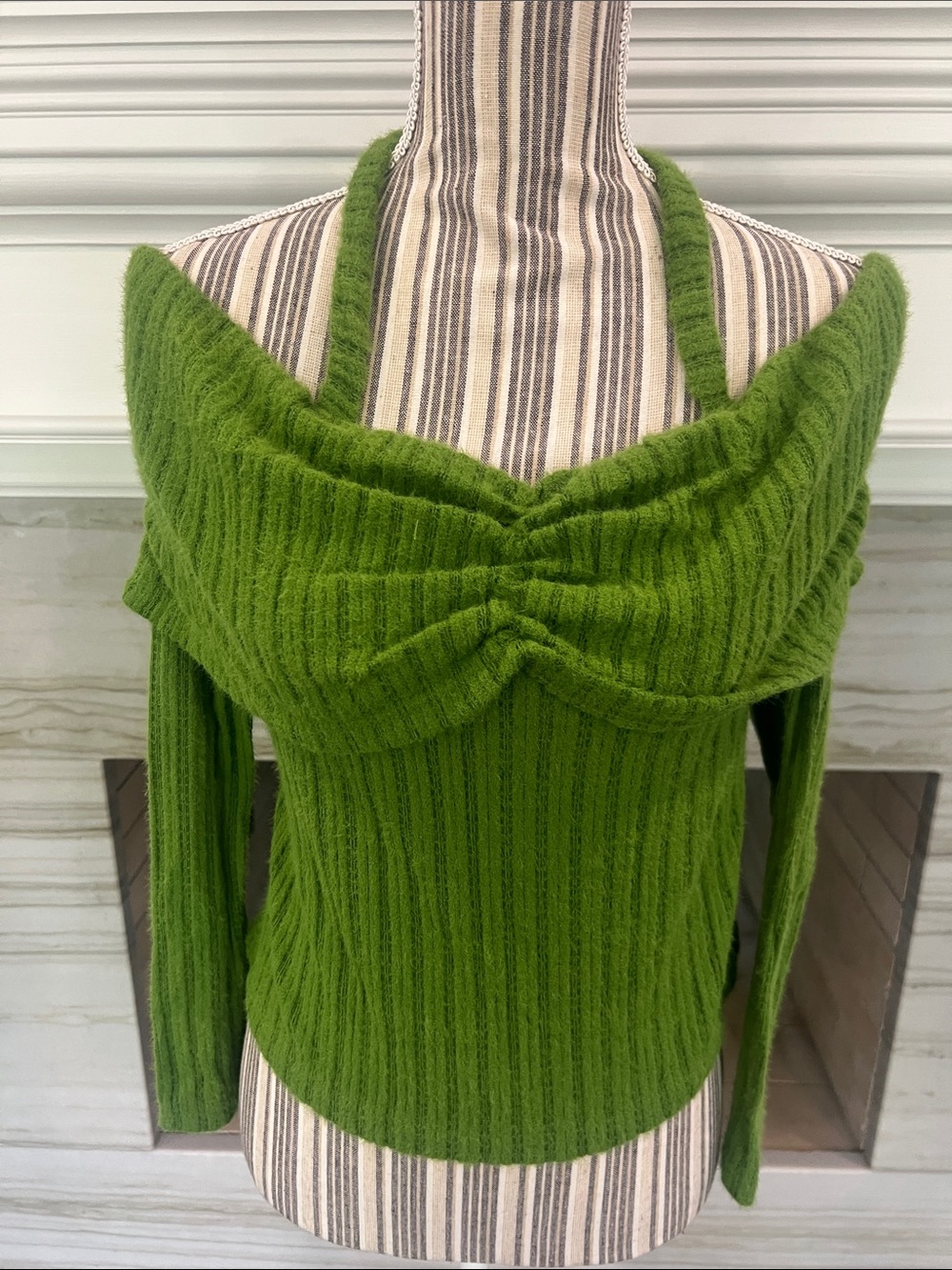 Off-Shoulder Green Ribbed Knit Sweater